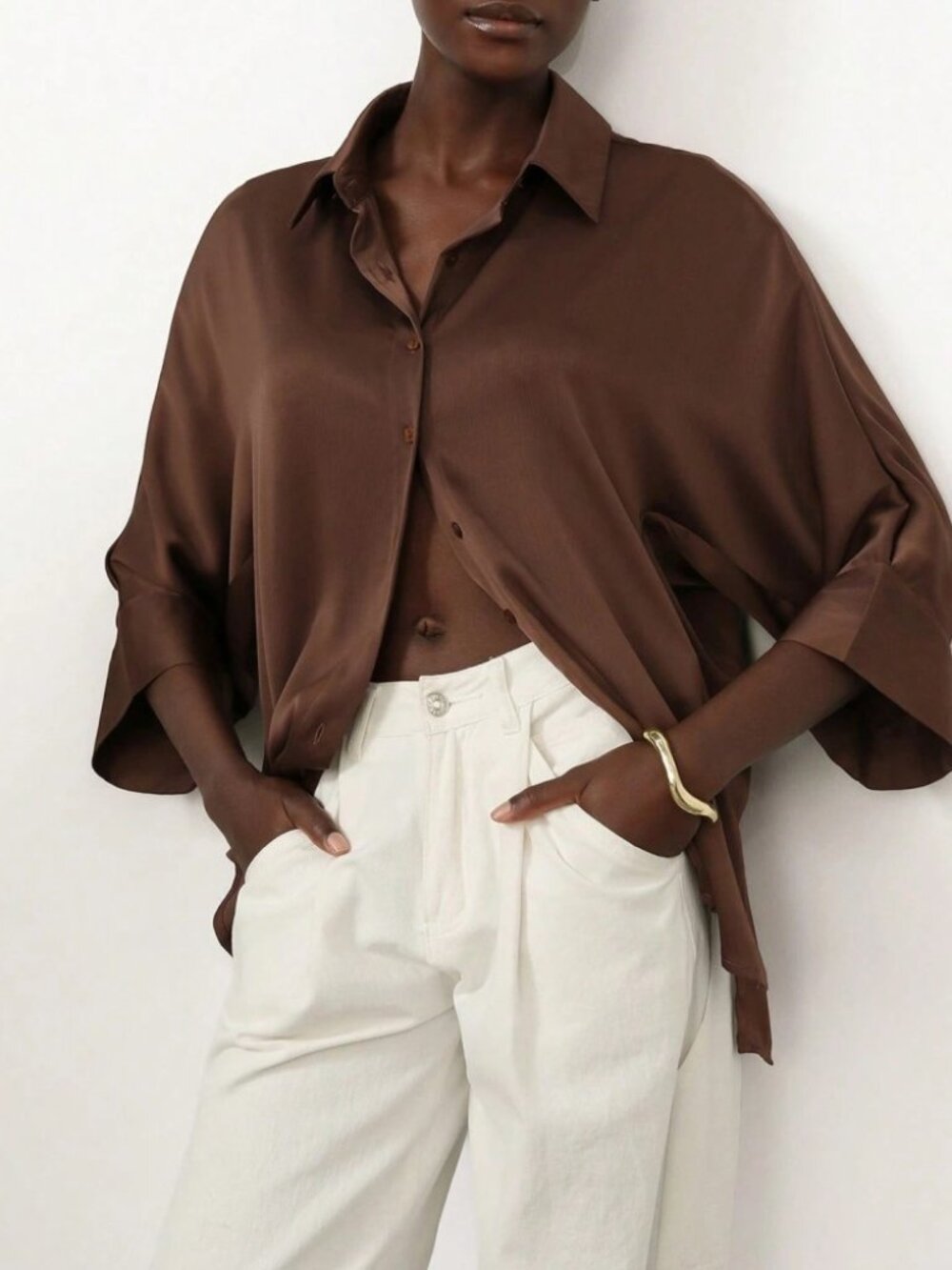 Chocolate Brown Satin Oversized Button-Up Blouse